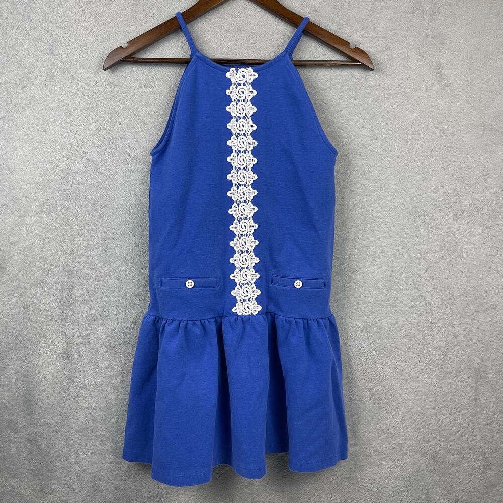Janie and Jack Girls Knit Tank Dress SZ 10 Blue White Crochet Nautical Vacation